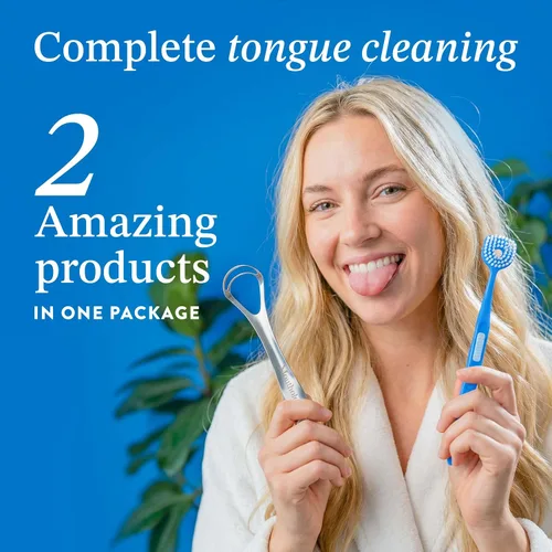 Vista 2 de Mouthology Cepillo de Lengua y Raspador de Lengua (Paquete Combo), Reduce el Mal Aliento y Mejora la Higiene Oral, Cepillo Raspador de Lengua