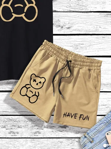 Vista 4 de GORGLITTER Conjunto casual de 2 piezas para hombre, camiseta con estampado gráfico de oso y pantalones cortos con cordón en la cintura con bolsillos
