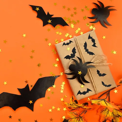 Vista 6 de AnyDesign 300 etiquetas adhesivas de murciélago de Halloween, 15 hojas autoadhesivas con patrón de murciélago con purpurina negra para tarjetas