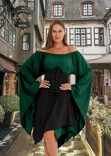 Vista 7 de Vestido medieval élfico irlandés tradicional para mujer, falda de corsé gótico victoriano renacentista (verde y negro, talla S), Verde y negro