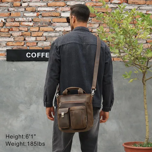 Vista 6 de TIDING Bolso de mensajero de cuero para hombre, bolso cruzado vintage, bolso de hombro para negocios, trabajo, bolso para tableta de 11 pulgadas