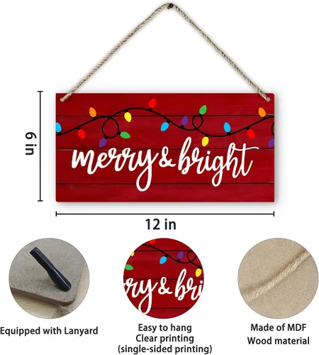 Vista 6 de PHAMTE Letreros de Navidad con texto en inglés «Merry And Bright», de madera de bienvenida, de madera, rústico, festivo, de 12 x 6 pulgadas