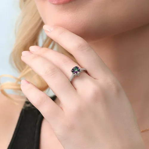 Vista 6 de Gem Stone King Anillo de compromiso de plata de ley 925 con topacio místico verde y zafiro blanco creado para mujer