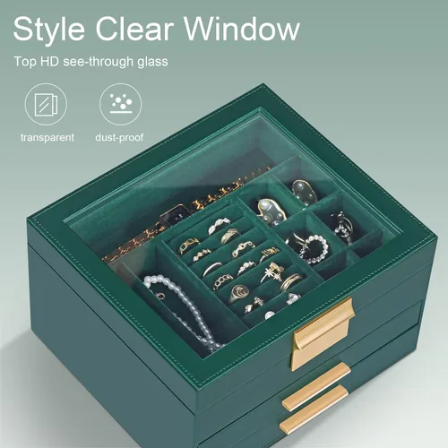 Vista 2 de Joyero organizador para mujer, 3 capas de piel sintética, caja de almacenamiento de joyas con tapa de cristal, regalo para personas, 3 cajones, gran