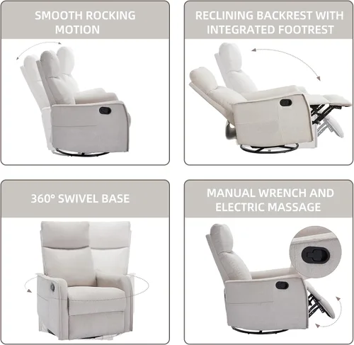 Vista 6 de PELUMY Silla Reclinable Mecedora Giratoria 360 para Adultos, Silla Mecedora de Guardería con Calor y Masaje, Silla Reclinable Deslizante para Beige