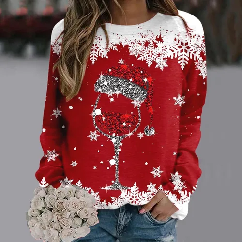 Vista 2 de Rvidbe Suéter feo de Navidad para mujer, estampado de copa de vino tinto, casual, cuello redondo, manga larga, sudaderas