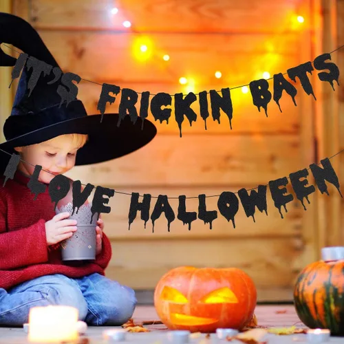 Vista 3 de Cartel de Halloween con purpurina negra con texto en inglés "It's Frickin Bats I Love", pancarta de murciélagos de Halloween espeluznante
