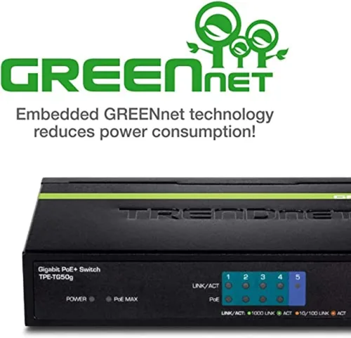 Vista 3 de TRENDnet Conmutador Gigabit PoE+ de 5 puertos, TPE-TG50g Presupuesto de energía de 31 W, capacidad de conmutación de 10 Gbps, divisor Ethernet
