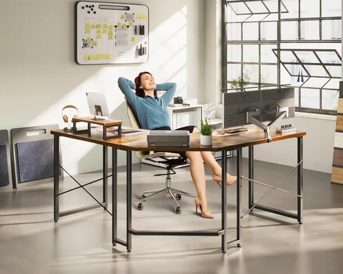 Vista 2 de AODK Escritorio para juegos en forma de L, escritorio de esquina para computadora, mesa de escritorio para juegos de PC con soporte elevador