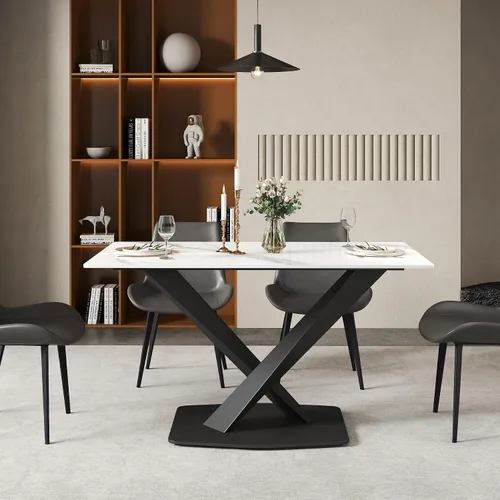 Vista 3 de Mesa de comedor moderna para 4, mesa de piedra sinterizada blanca brillante con base de acero al carbono sólido en forma de X, mesa rectangular