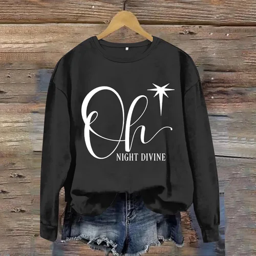 Vista 2 de Sudadera Oh Night Divine para mujer, manga larga, cuello redondo, forro polar, sin botones, estampado de letras, de gran