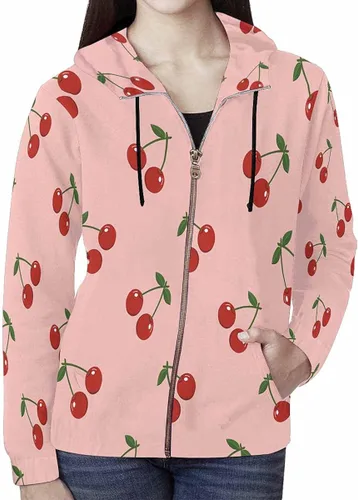 Vista 2 de InterestPrint Sudadera con capucha de manga larga para mujer, con cremallera completa, color rojo flor de cerezo