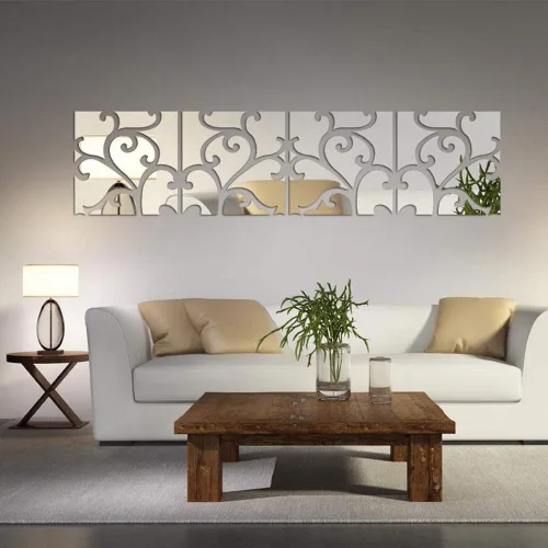 Vista 6 de Calcomanías de pared de espejo 3D, 4 piezas de calcomanías de pared de arte de cristal acrílico, autoadhesivas, espejo extraíble, azulejos de pared