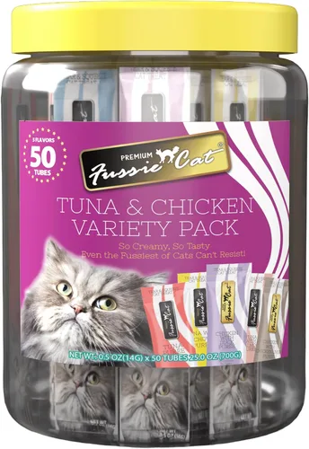 Vista 39 de Fussie Cat Golosinas prémium para gatos en puré de atún, golosinas para lamer, 3 paquetes de tubos de 4 a 0.5 onzas, (12 tubos en total), variedad