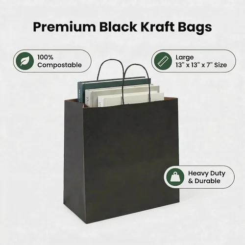 Vista 6 de PAICUIKE 100 bolsas grandes de papel negro con asas, bolsas de compras a granel de 13 x 7 x 13 pulgadas para pequeñas empresas, regalo para el día
