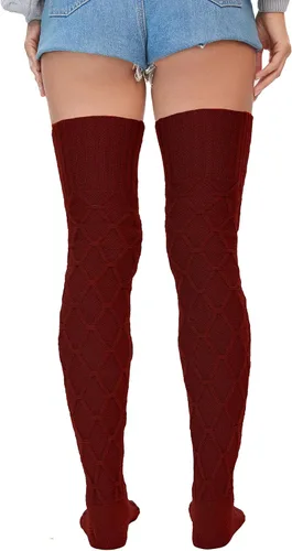 Vista 4 de YELAIVP Calcetines altos de punto trenzado para mujer, calcetines por encima de la rodilla, calentadores de piernas extra largos