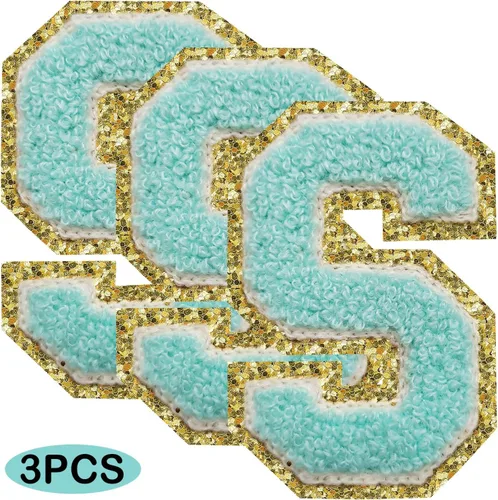 Vista 2 de 3Pcs Letter Patches Varsity Glitters Chenille,SPRT Iron on Blue Letter Patch,Alphabet Cloth Patch for Team Costume Decoration 3.1in Height S