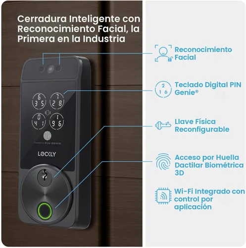 Vista 2 de Lockly Visage Zeno Series Smart Lock, Cerradura inteligente con reconocimiento facial y entrada sin llave por huellas dactilares, cerrojo