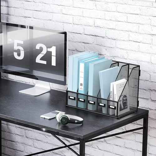 Vista 3 de SUPEASY Organizador de escritorio de metal para revistas, con 5 compartimentos verticales, organizador de archivos para escritorio de oficina, Negro