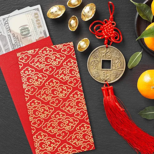 Vista 4 de 48 sobres rojos de año nuevo chino, festival de primavera, bolsillo de dinero de la suerte, patrón de lámina de oro rojo, Hong Bao para fiestas