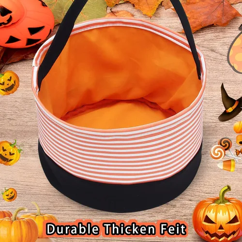 Vista 5 de Cesta de dulces de Halloween, bolsas de dulce o truco, cubos de dulces de Halloween, bolsas de regalo de tela, fiestas de Halloween (rayas naranjas)