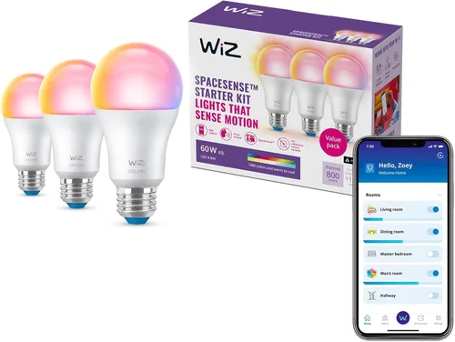 Vista 8 de WiZ Bombillas LED inteligentes, automatización de atardecer a amanecer + detección de movimiento + control con voz o aplicación, a todo color A19