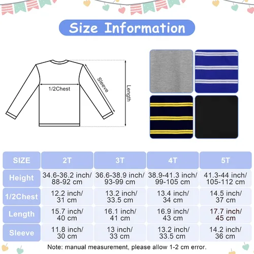 Vista 2 de Cooraby Paquete de 4 camisetas de manga larga para niños pequeños a rayas con bolsillo de algodón suave