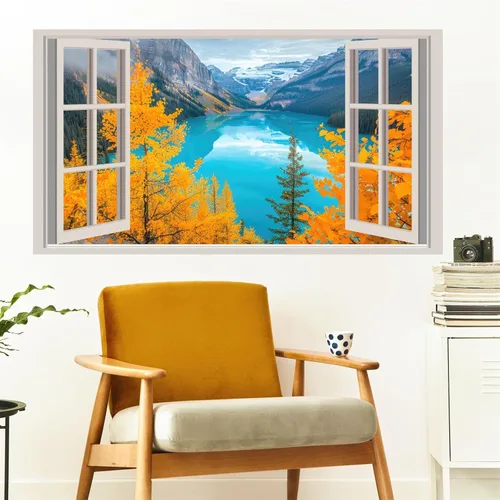 Vista 10 de Adhesivo de pared de playa 3D falso para ventanas, calcomanías de pared de paisaje marino de playa, calcomanías extraíbles 3D para paredes de Blue