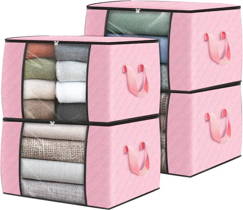 Vista 56 de Fab totes Paquete de 3 bolsas de almacenamiento plegables de tela gruesa, contenedores para organizar dormitorio, armario, ropa, edredón, Beige