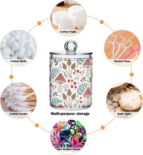 Vista 4 de Paquete de 2 tarros de boticario para baño, hojas de hongos, dispensador de plástico transparente con tapa para bolas de algodón, hisopo de algodón