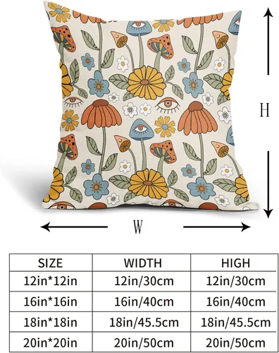 Vista 4 de Juego de 2 fundas de almohada retro bohemias, florales, amarillas y naranjas, de 16 x 16 pulgadas, estilo vintage de los años 70, con bonitos hongos