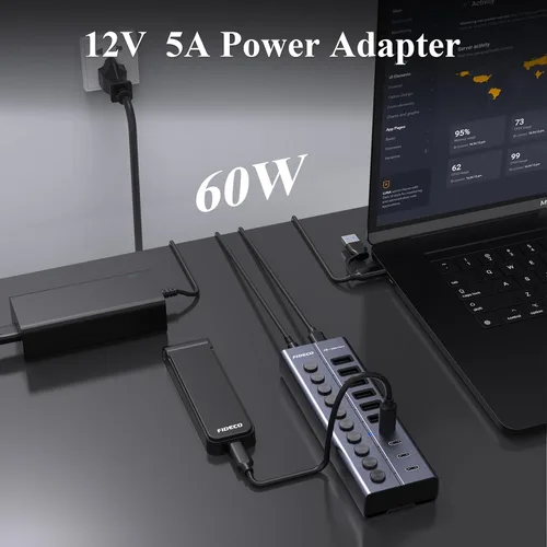 Vista 9 de FIDECO Hub USB alimentado de 60 W para laptop y PC, divisor USB de 10 puertos de 10 Gbps con adaptador de corriente de 12 V 5 A, adaptador