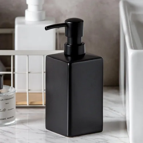 Vista 3 de Dispensador de jabón y loción cuadrado de cerámica negra mate para baño, dispensador de jabón para platos para cocina, 14 onzas