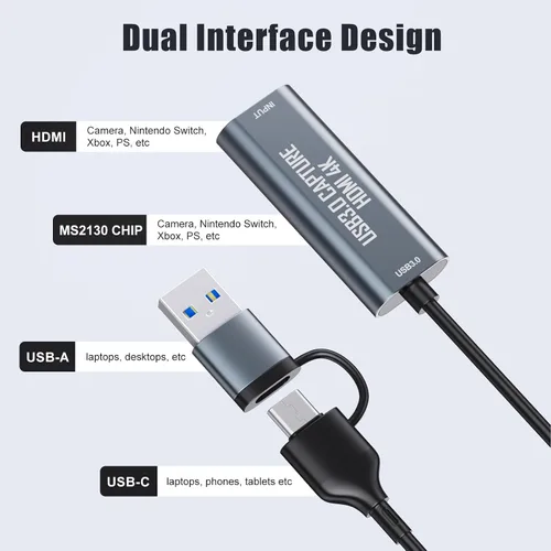 Vista 2 de VIXLW Tarjeta de captura HDMI, dispositivo de captura HDMI 4K a USB/USB-C, tarjeta de captura de video USB3.0 para transmisión y grabación, funciona