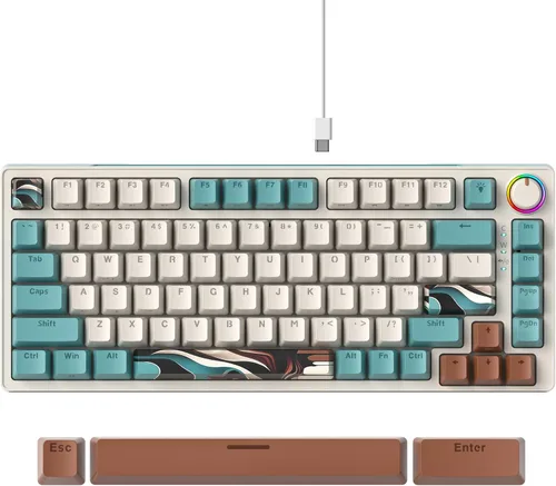 Vista 9 de Teclado mecánico para juegos 75% marrón, compacto de 82 teclas intercambiable en caliente con perilla, perfil OEM retroiluminado RGB, teclado USB-C