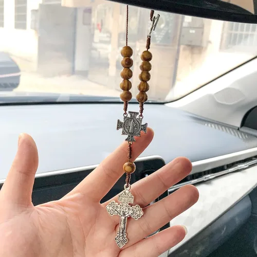 Vista 6 de Nazareth Store Espejo retrovisor para coche, rosario, protección de una década, cuentas de madera, coronilla católica