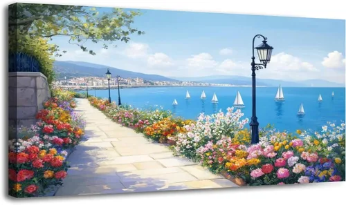 Vista 13 de Arte de pared costero vintage de 30 x 60 pulgadas, paisaje de ventana, granja, paisaje, naturaleza, pintura cálida, impresión sobre lienzo, arte