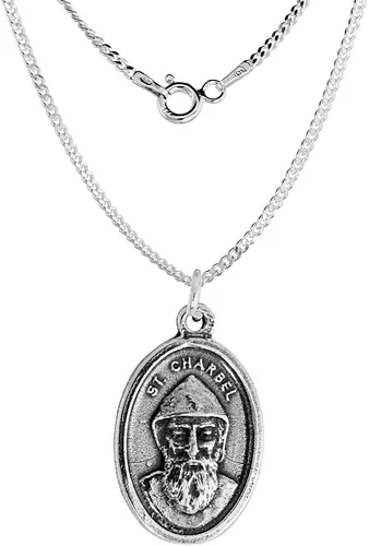 Vista 3 de Collar de medalla de San Charbel de plata de ley con acabado oxidado, cadena ovalada de 0.071in, Plata esterlina, Sin gemas.