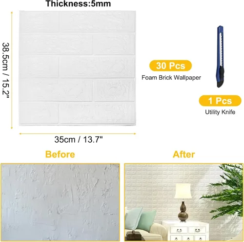 Vista 2 de uxcell Paneles de pared 3D para despegar y pegar, 30 piezas de papel tapiz de ladrillo de espuma para dormitorio, panel de pared de piedra Blanco