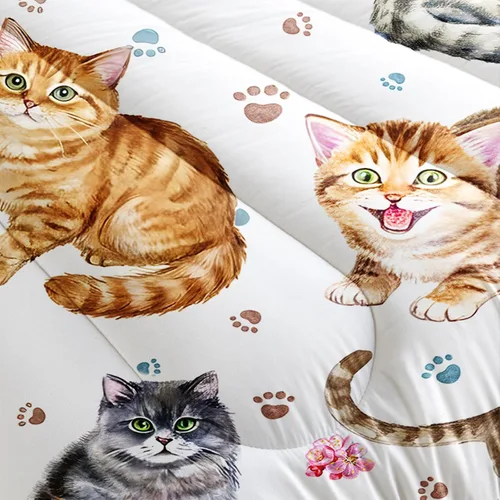 Vista 5 de AILONEN Juego de ropa de cama con estampado de gato en acuarela, tamaño individual con gatos y huellas para niños y niñas, juego de edredón suave