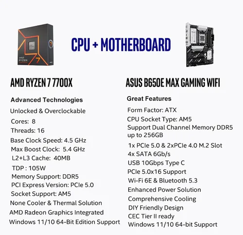 Vista 2 de MICRO CENTER Procesador AMD 7700X con placa base ASUS B650E MAX Gaming WF