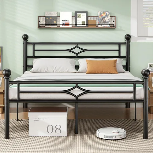 Vista 8 de BedsPick - Base de cama tamaño Queen con cabecera y estribo, marco de cama de plataforma de metal con esquinas redondeadas, soporte de listones