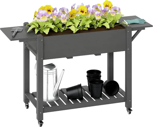 Vista 20 de Outsunny - Jardinera elevada de madera con estante de almacenamiento, orificios de drenaje y forro para el patio trasero, la terraza, el balcón, 47
