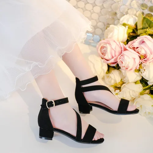 Vista 2 de LAURMOSA Sandalias para niñas, tacones para niños, puntera abierta, correa al tobillo, zapatos de vestir, flores para boda, fiesta para niños
