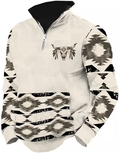 Vista 4 de LOAIHA Native American - Sudadera con capucha para hombre, manga larga, cremallera de 1/4, chaqueta vaquera