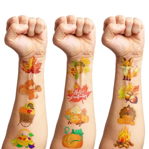 Vista 7 de 96 piezas de tatuajes temporales precortados para otoño y otoño, decoración de fiesta de cumpleaños, suministros de decoración de Acción de Gracias
