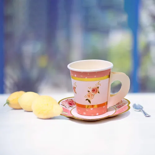 Vista 6 de Gift Boutique Juego de 36 tazas de té de papel con asas y 36 platillos en forma floral desechables para niños y adultos, cumpleaños, baby shower