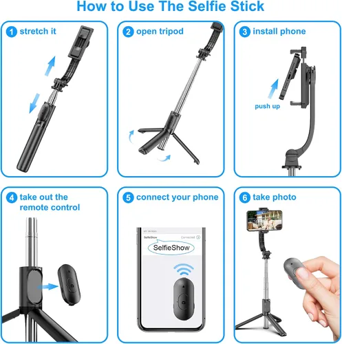 Vista 6 de SelfieShow Selfie Stick, Palo de Selfie Extensible con Trípode, Control Remoto Inalámbrico y Soporte de Trípode, Portátil, Ligero, Compatible