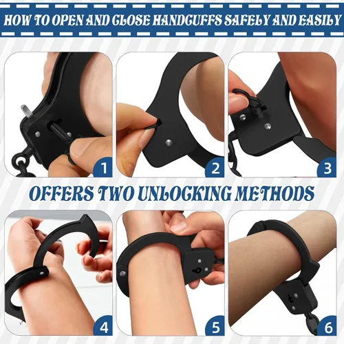 Vista 4 de AUYYOSK Esposas de Metal de Juguete con Llave, Accesorio de Suministros de Fiesta de Seguridad para Juego de Simulación, Esposas para Niños (Negro)