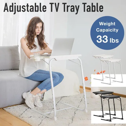 Vista 3 de Japard Mesa plegable para TV, mesita de noche pequeña con soporte para tazas, ajustable de 6 alturas y 3 ángulos de inclinación (negro, 2 piezas)